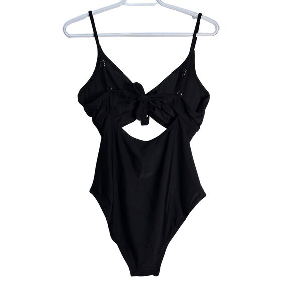 NWOT | Black One Piece Open Front Plunge Monokini Swimsuit Back Cut Out | Large - Picture 2 of 6